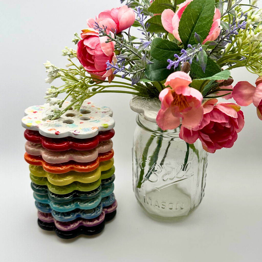 Stoneware Flower Frog for Small Mouth Mason Jar Assorted Colors Stoneware Flower Frog for Small Mouth Mason Jar Assorted Colors